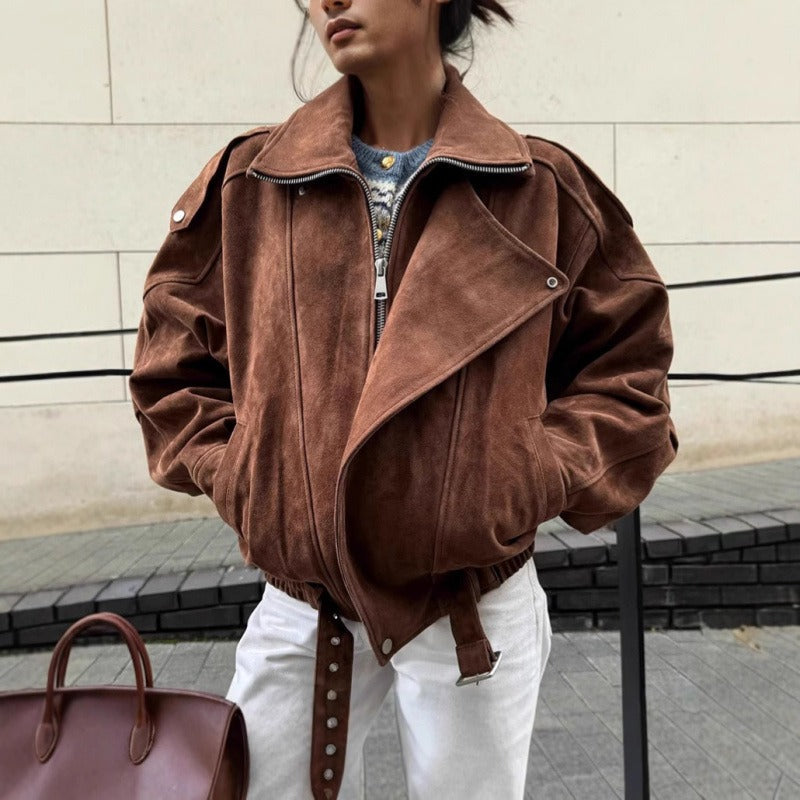 Street Wave Oversized Suede Look Bomber Jacket With Asymmetrical Zipper For Women, Trendy Urban Streetwear