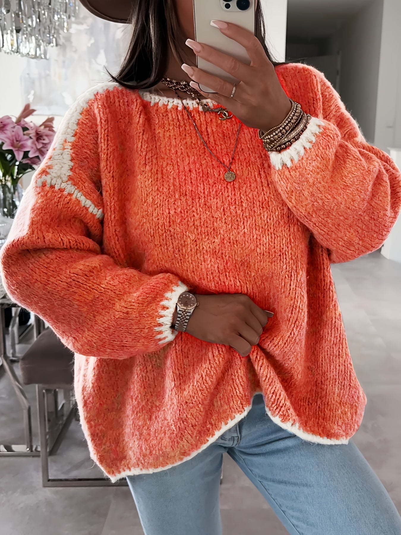 Street-Wave Loose Knit Pullover For Women Soft Cozy Comfort With Crochet Details