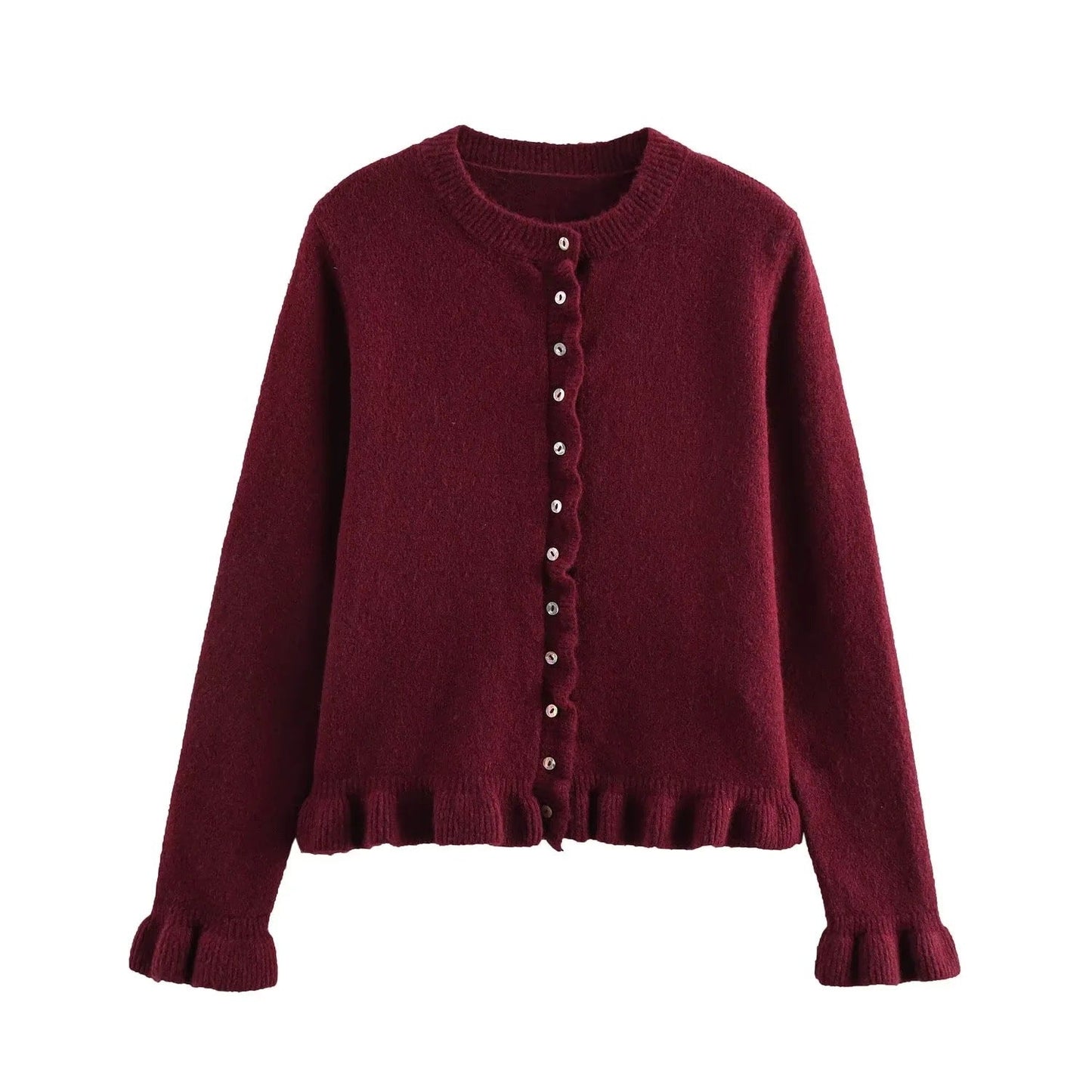 Streetwave Button Cardigan For Women Elegant Ruffle Trim Front Knit Layering Essential