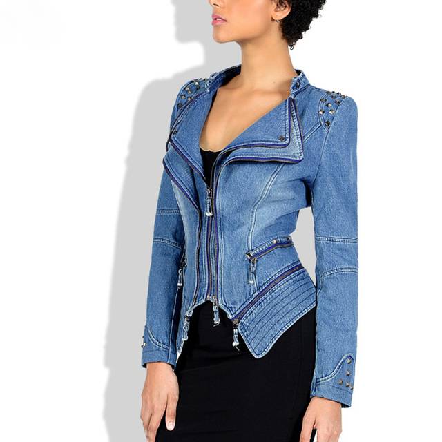 Street-Wave Funky Soul Cotton Jacket With Zipper And V-Neck For Women Studded Shoulders