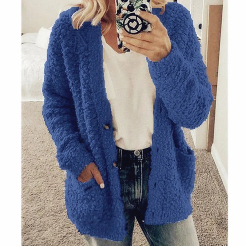 Street-wave Plush Cardigan Coat For Women - Ultra Cozy Warmth With Front Pockets