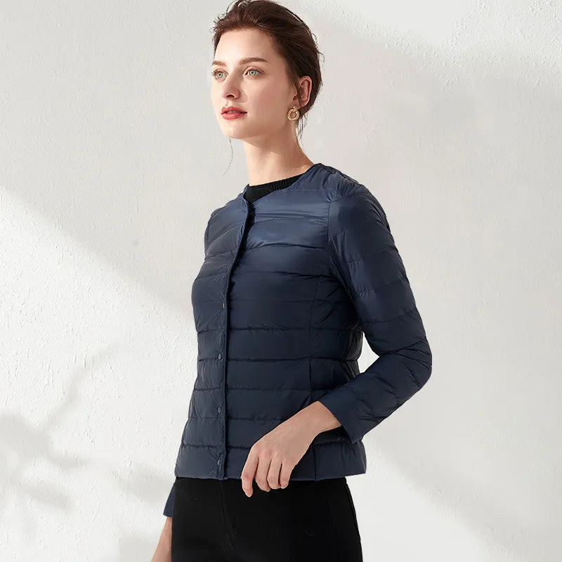 Street Wave Lightweight Collarless Womens Down Jacket Figure Flattering Puffer Coat For Women