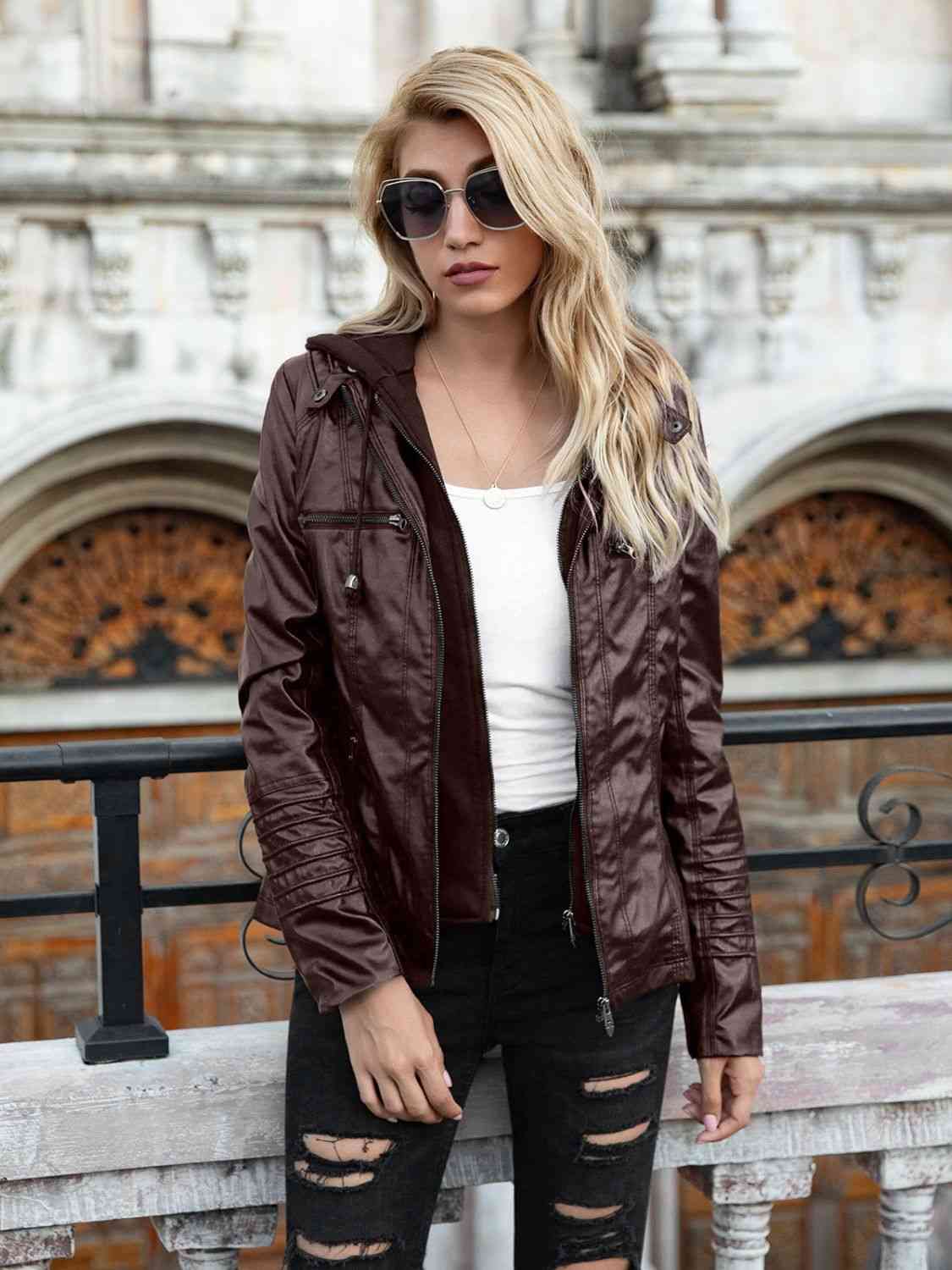 Street-wave PU Zip Up Hoodie Jacket With Hood For Urban Streetwear Fans And All Weather Style