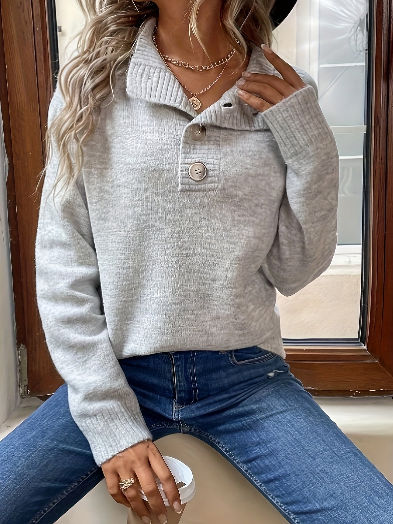 Street-wave Cozy Knit Sweater With Button Details For Women Soft Acrylic Comfortable Everyday Style