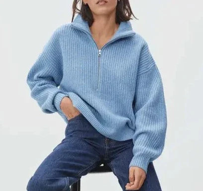 Street-wave Thick Knit Zip Collar Pullover For Autumn Layering - Cozy Warmth, Modern Style For Women