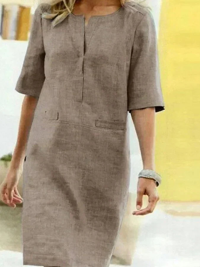 Street-wave Cotton Linen Dress for Women Breathable Short Sleeve Shift Effortless Everyday Chic