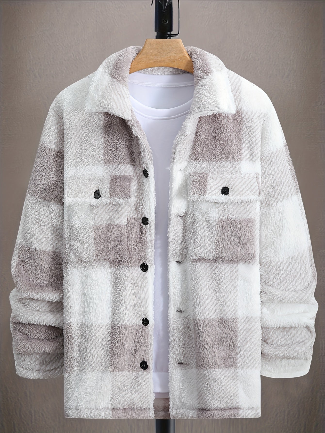 Street-wave Plush Plaid Unisex Shacket Made From Soft Polyester For Cozy Warmth In Cold Winter Wear