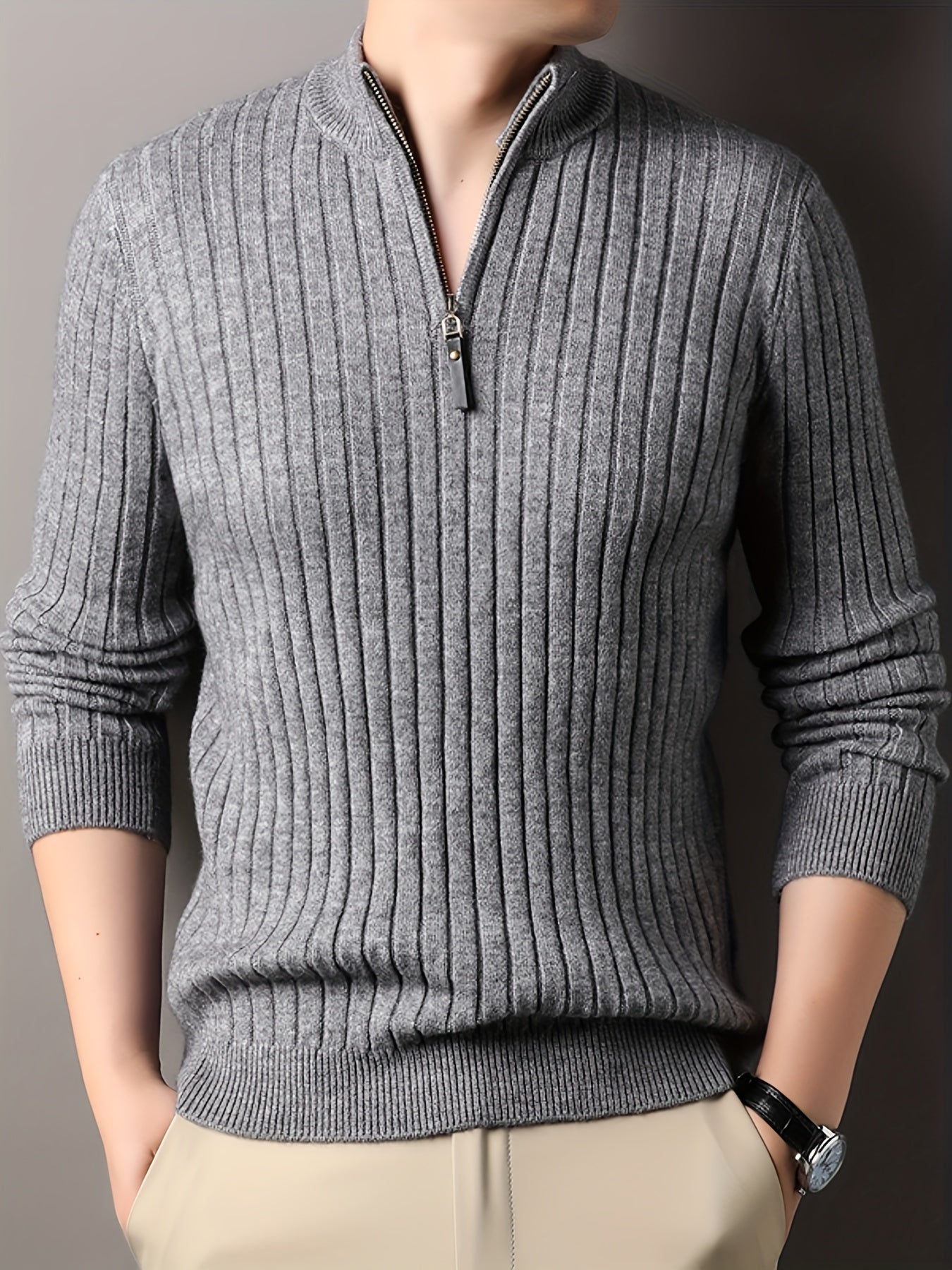 Street Wave Ribbed Zip Neck Sweater For Men Cozy Knit