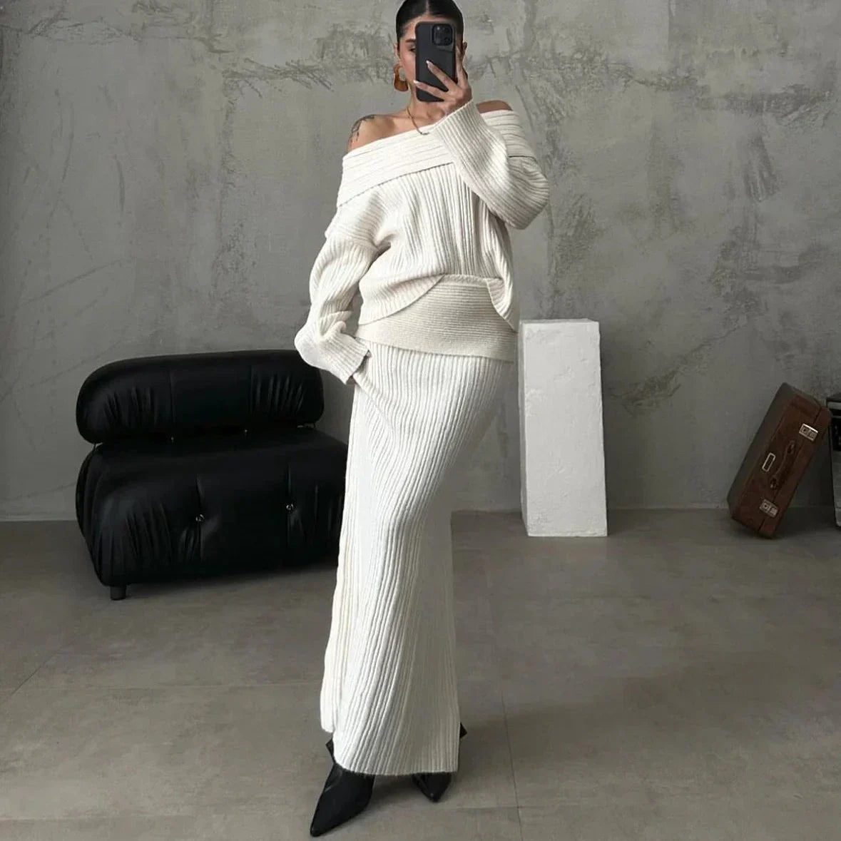 Street-wave Off Shoulder Knit Set For Women Elegant Cozy Ribbed Sweater Skirt Duo Perfect For Daily Chic Comfort