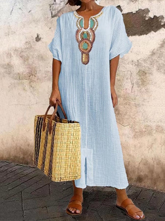 Women's Kaftan Dress Street-Wave Relaxed Fit Embroidered Neckline