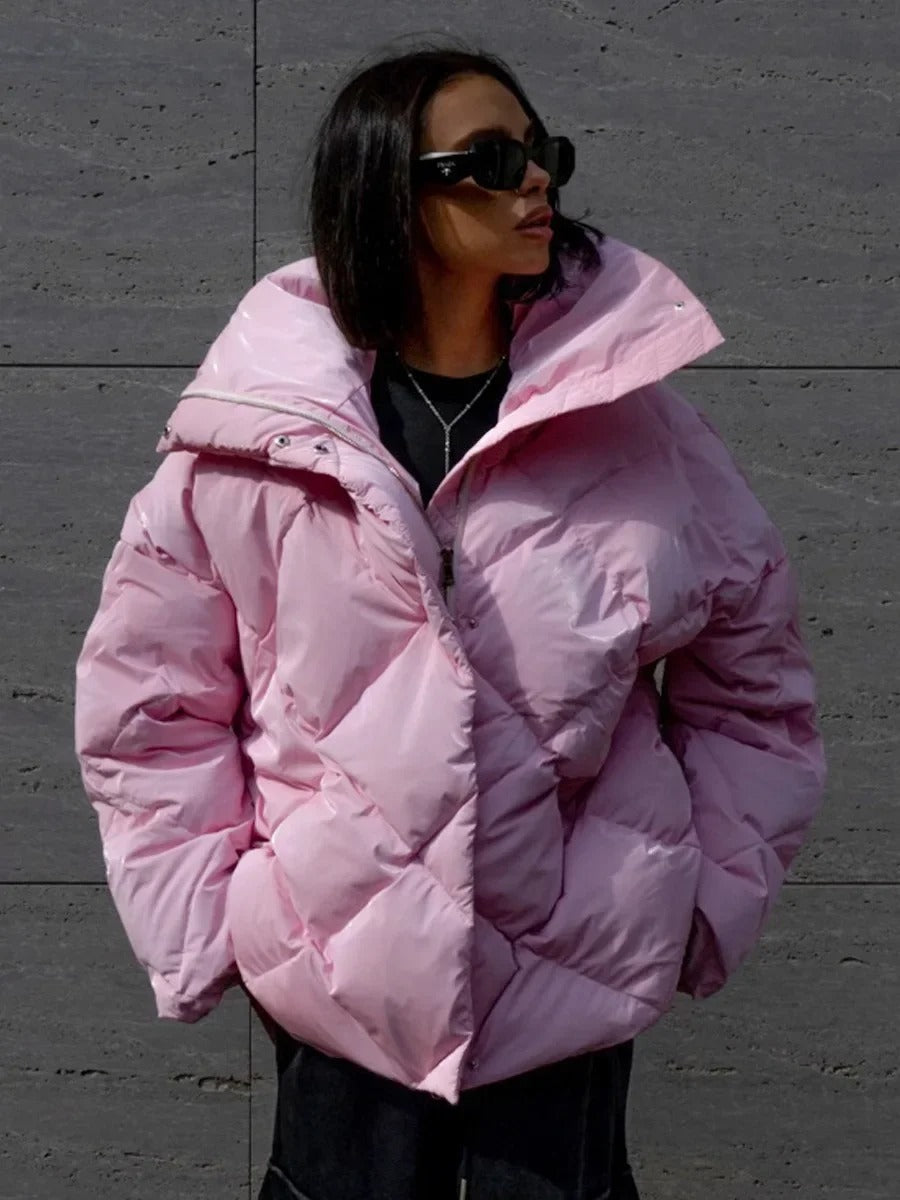 Street-wave Oversized Puffer Jacket With Zipper For Women Warm High Collar Winter Coat
