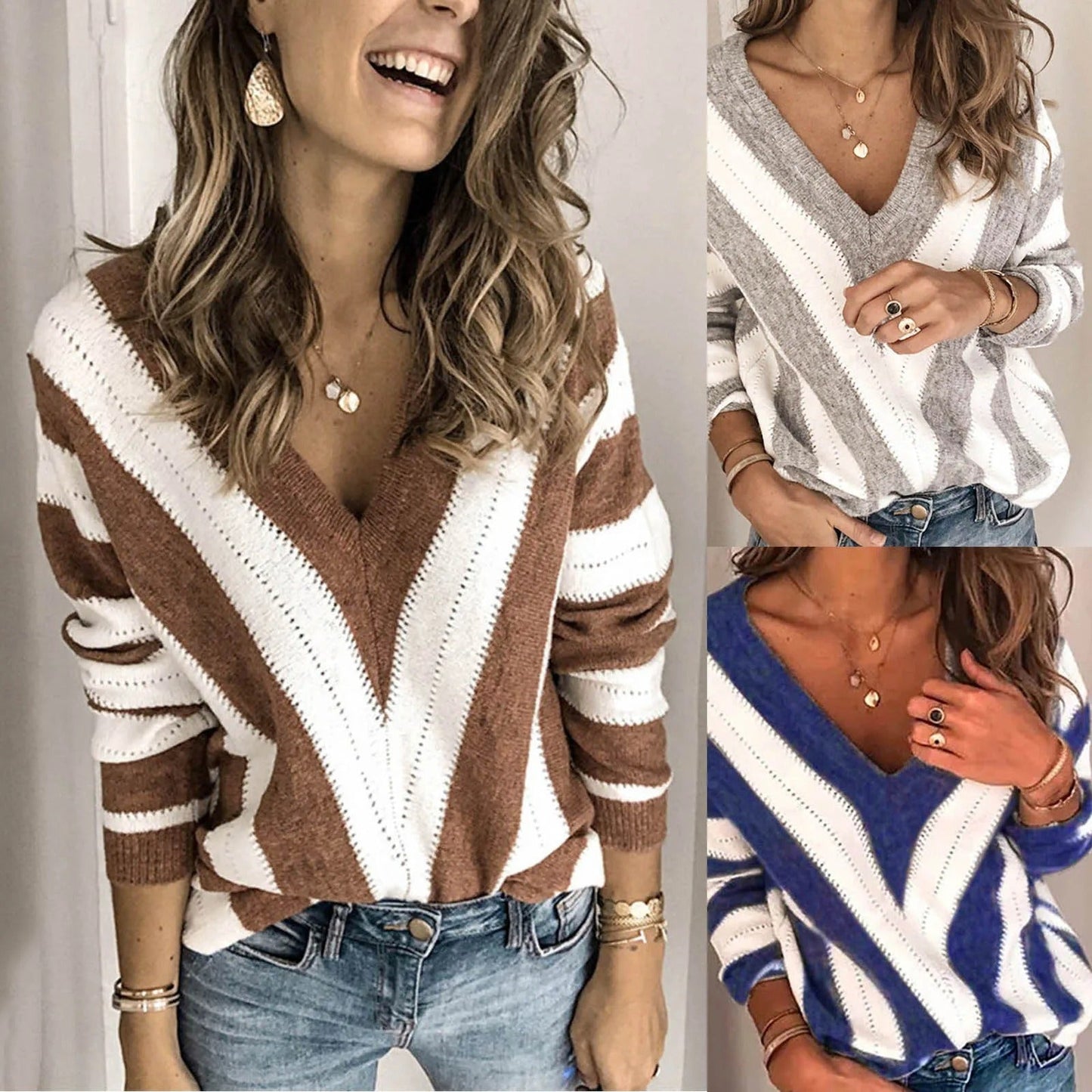 Street Wave Striped V Neck Knit Sweater For Women Cozy Autumn Winter Essential Must Have