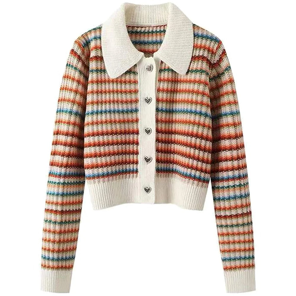 Street-wave Striped Knit Cardigan With Collar For Women Multicolor Cozy Knit Heart Shaped Buttons Timeless Chic