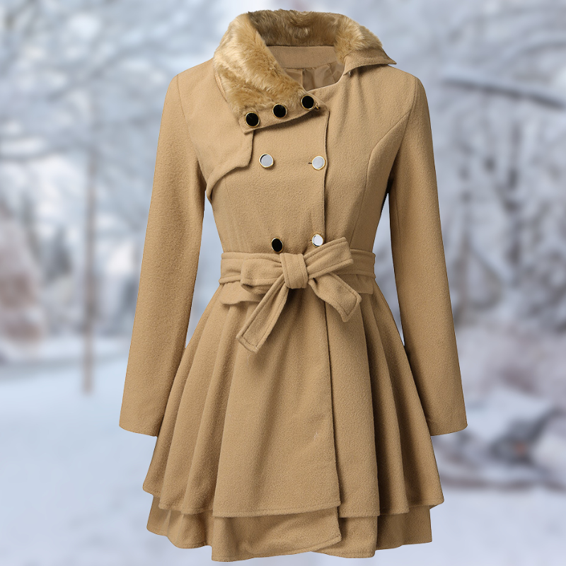 Street-Wave Red Wool Coat For Women With Elegant Belted Silhouette And Black Faux Fur Collar For Winter
