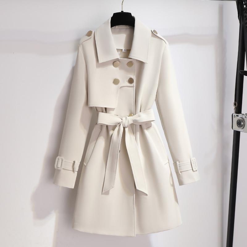 Street-wave White Trench Coat For Women With Adjustable Belt Timeless Elegance And Knee-Length