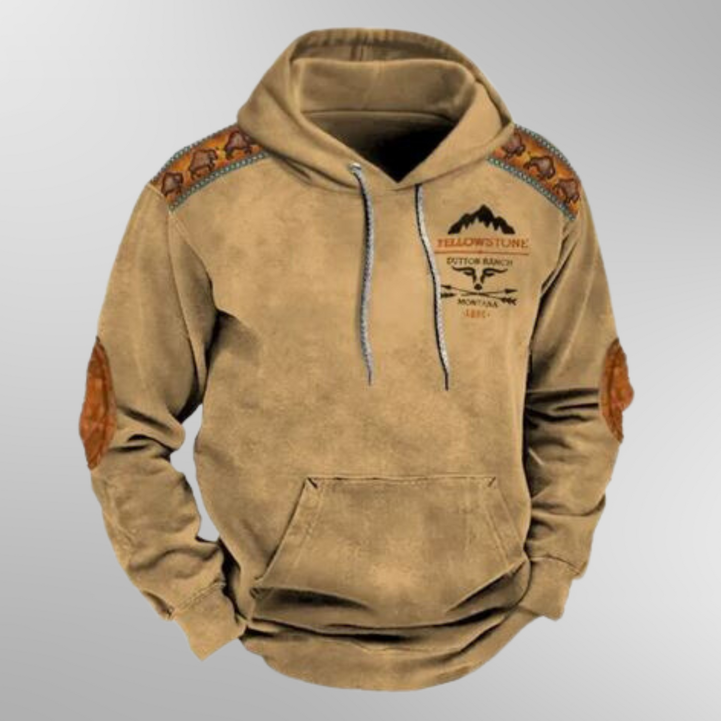 Streetwave Cozy Brown Hoodie With Gray Sleeves And Patterned Shoulders And Kangaroo Pocket For Men Casual Streetwear