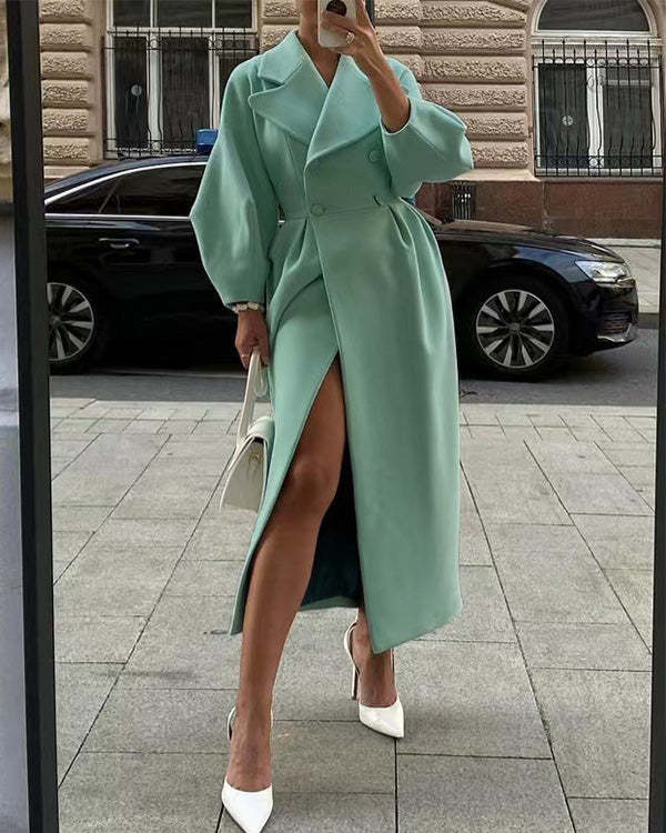 Streetwave Clara Lantern Sleeve Wool Coat For Women Elegant Longline Outerwear Chic