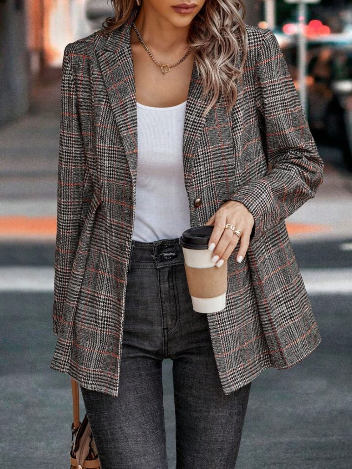 Street-Wave Plaid Blazer With Button Closure For Women, Stylish Timeless Versatile Jacket