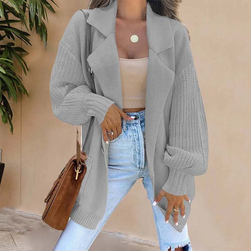 Street-wave Long Cardigan With Structured Sleeves Polyester For Women Timeless Elegant Comfort