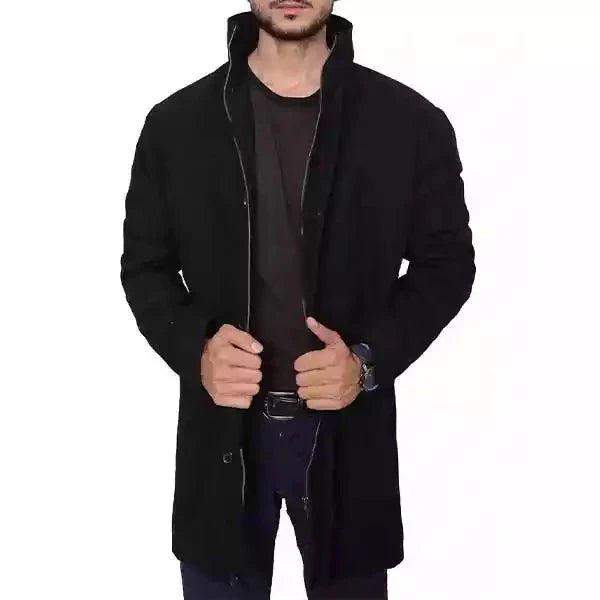 Howard High Neck Black Wool Coat For Men By Street-Wave Stand Collar Button Front Winter Outerwear
