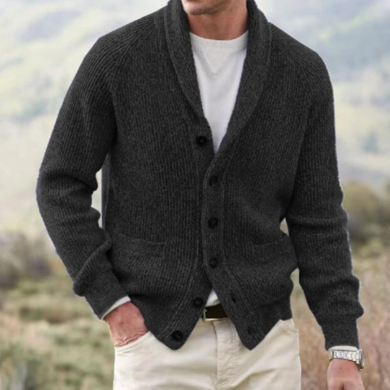 Street-Wave Men's Shawl Collar Cardigan with Button Closure and Long Sleeve Front Pockets Knit Sweater