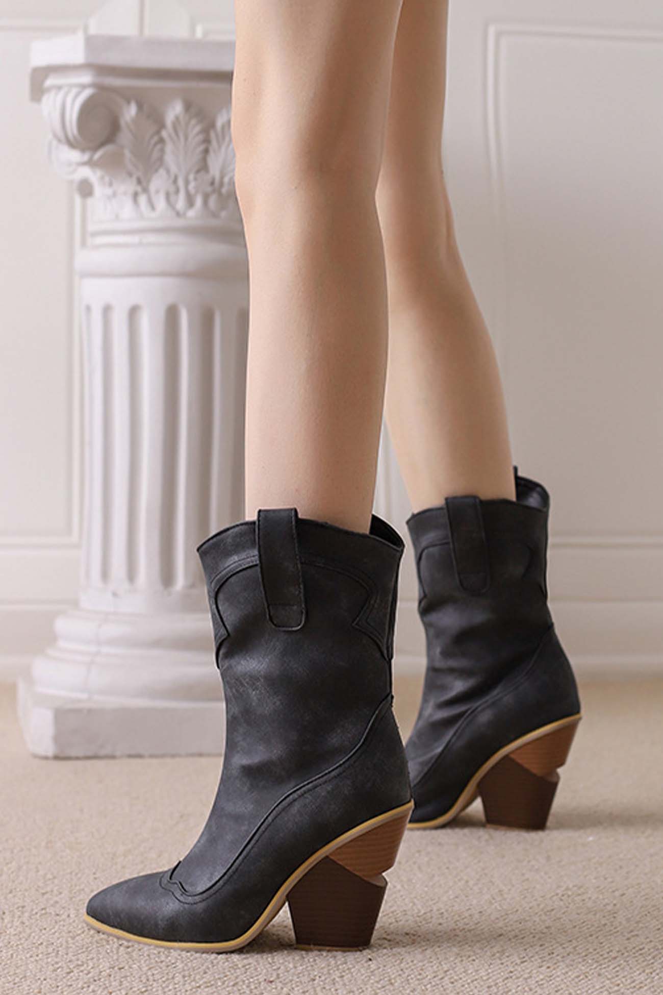 Street-wave Pointed Toe Western Boots For Women Mid Calf Shaft Denim Blue Suede Trendy Cowboy Style