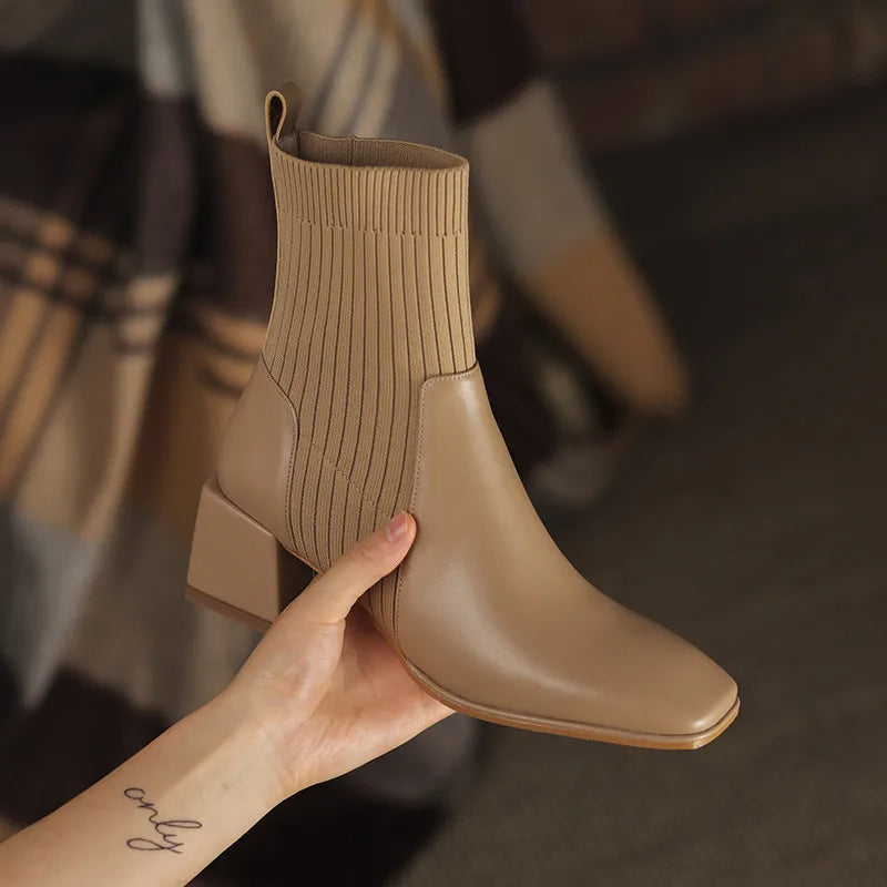 Street Wave Square Toe Boots With Knit Sock Detail For Women Elegant Comfort In Cold Weather