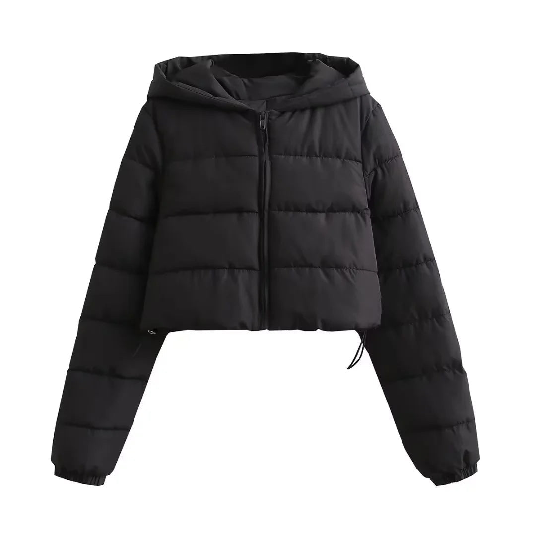 Street Wave Cropped Hooded Puffer Jacket For Women Warm Slim Fit Cozy Winter Coat