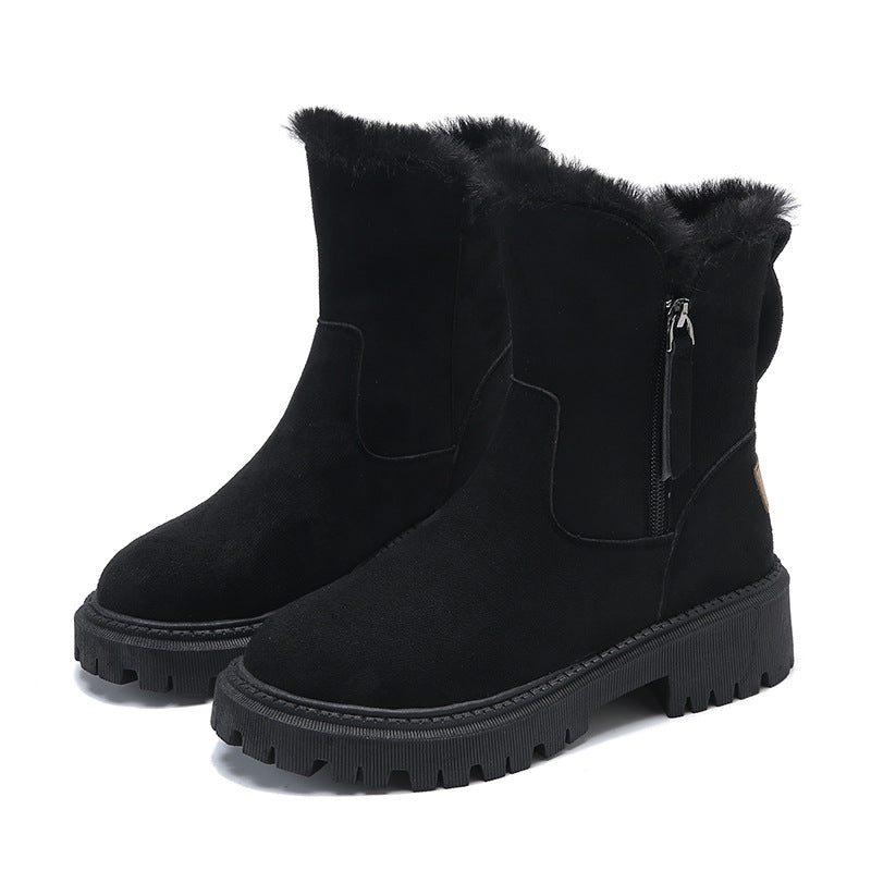 Street-wave Womens Mid-Calf Suede Boots With Faux Fur Lining And Chunky Lug Sole For Winter Warmth