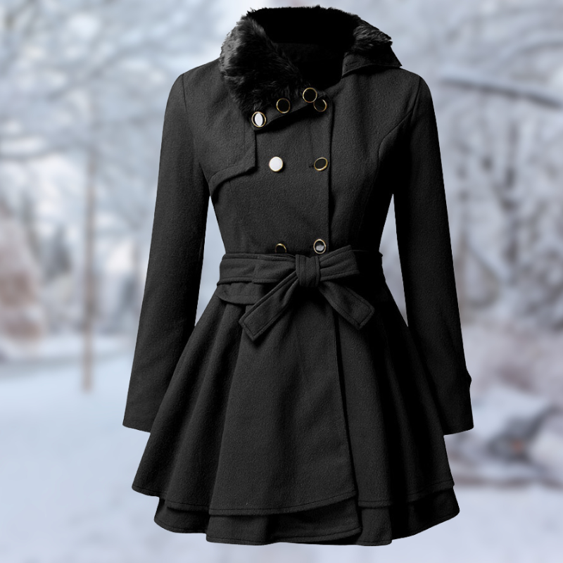 Street-Wave Red Wool Coat For Women With Elegant Belted Silhouette And Black Faux Fur Collar For Winter