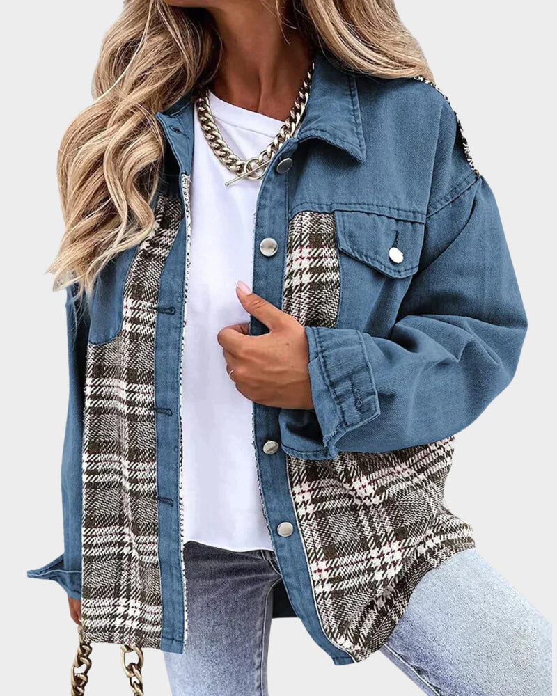 Street-Wave Casual Cotton Jacket With Plaid Panels For Women, Timeless Comfort And Everyday Style