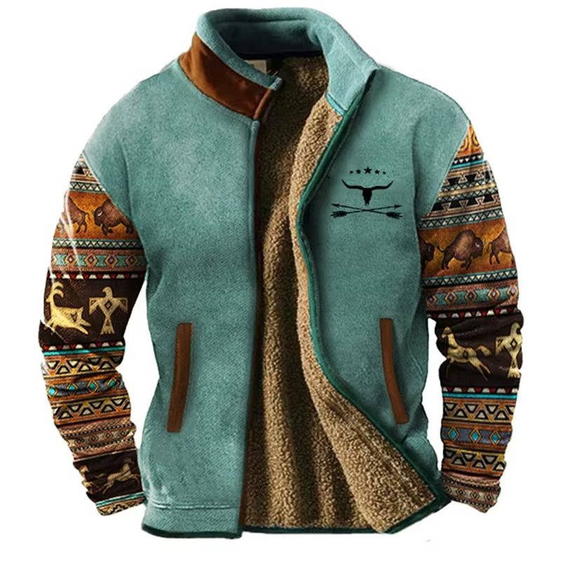 Mens Western Aztec Fleece Jacket With Plush Sherpa Lining For Outdoor Comfort And Style