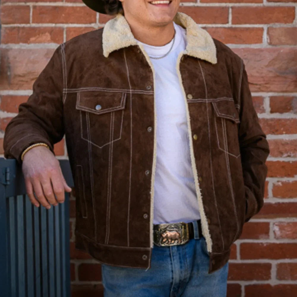 Men's Boar Suede Jacket With Sherpa Lining Brown Premium Quality Winter Coat With Button Down Front