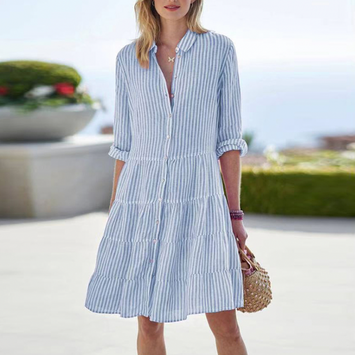 Street Wave Striped Button Down Shirt Dress For Women Lightweight Casual Everyday Wear
