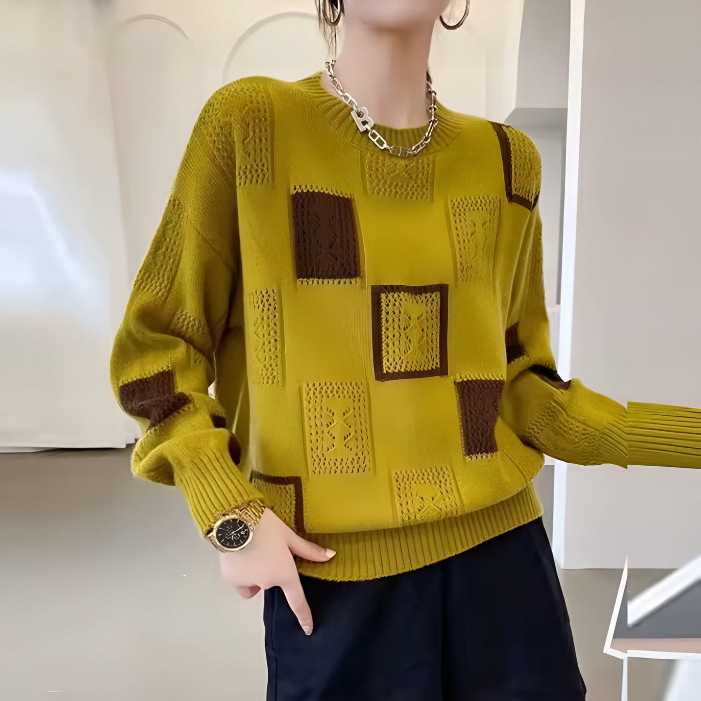 Women's Sweater with Square Pattern and Soft Knit