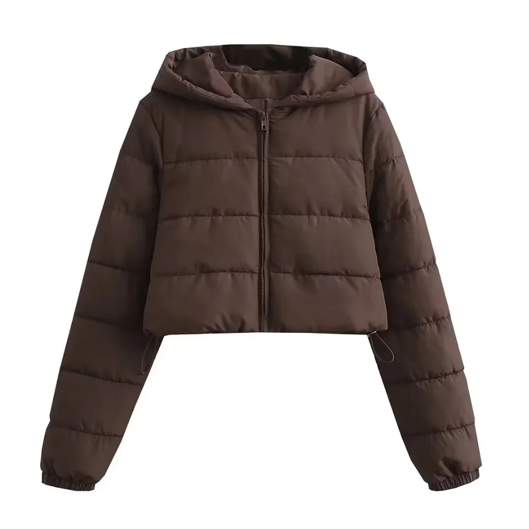 Street Wave Cropped Hooded Puffer Jacket For Women Warm Slim Fit Cozy Winter Coat