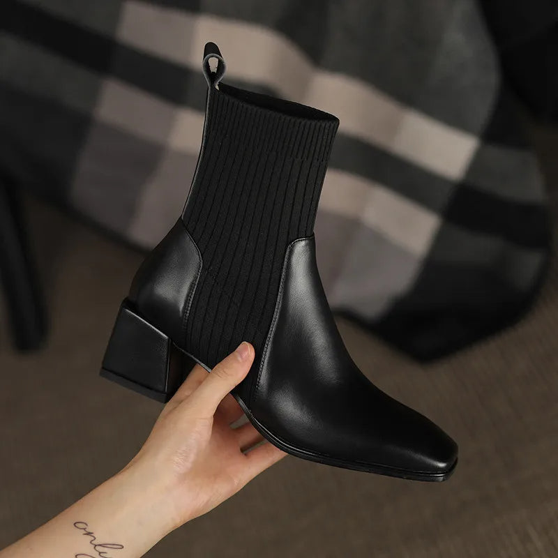 Street Wave Square Toe Boots With Knit Sock Detail For Women Elegant Comfort In Cold Weather