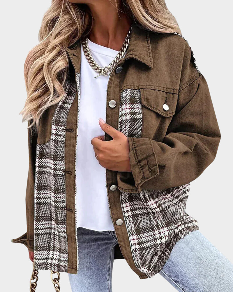 Street-Wave Casual Cotton Jacket With Plaid Panels For Women, Timeless Comfort And Everyday Style