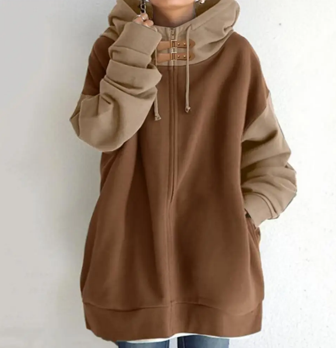 Street-wave Cozy Two Tone Hoodie Pullover For Women With Color Block Design Casual Chic