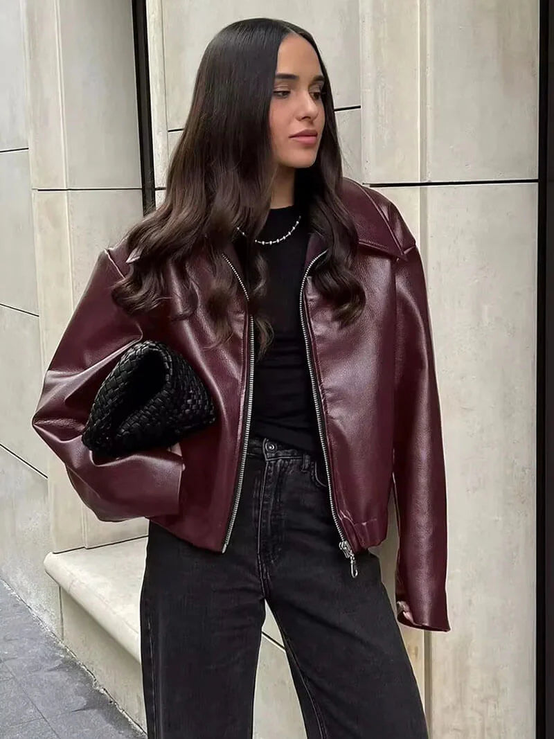Leather Jacket Street-Wave Alessia Women Zip Front Faux Leather Figure Flattering Chic Everyday