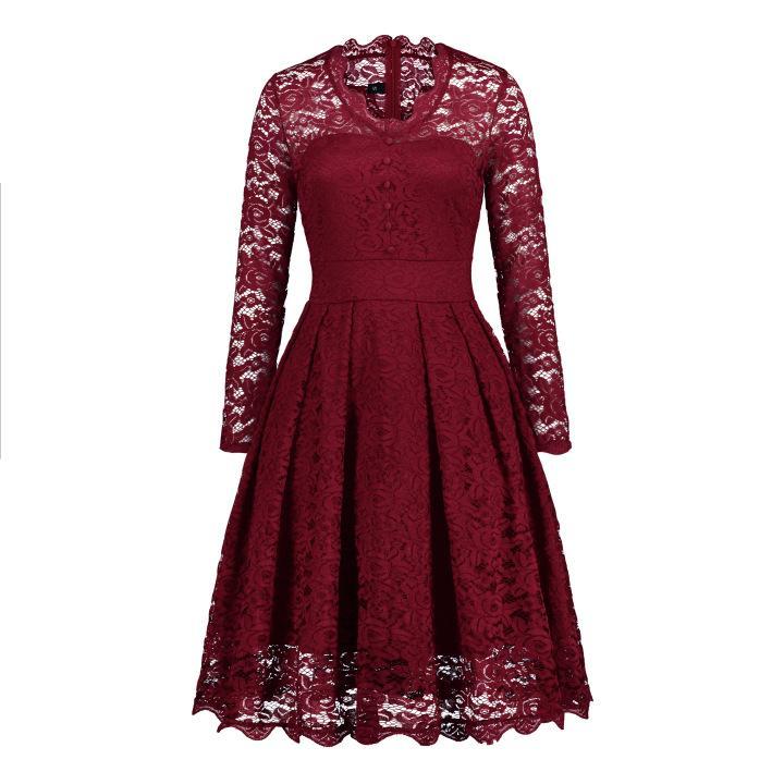 Street-Wave Button Front Lace Dress With Flattering Lace Sleeves For Women Romantic Outdoor Evenings