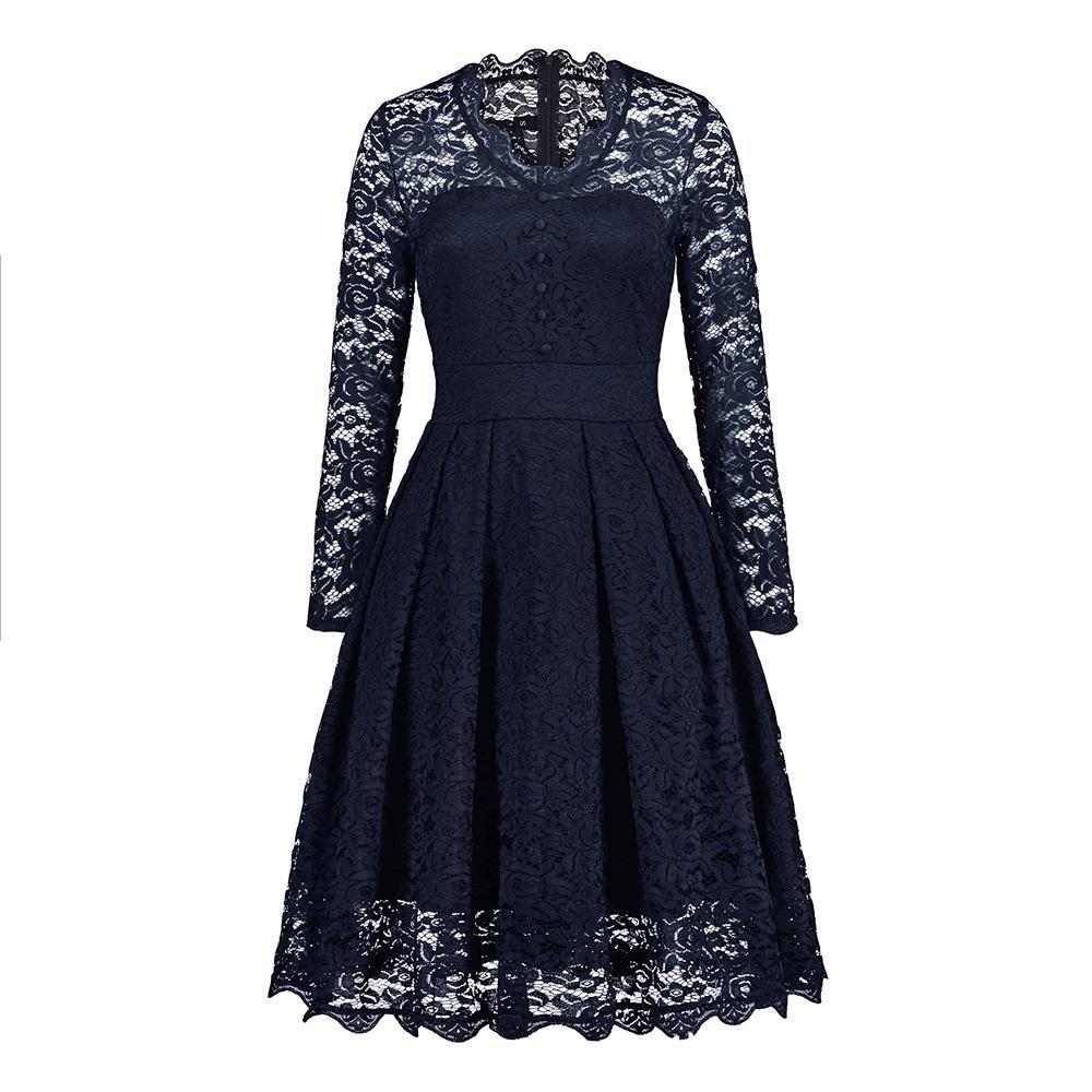 Street-Wave Button Front Lace Dress With Flattering Lace Sleeves For Women Romantic Outdoor Evenings