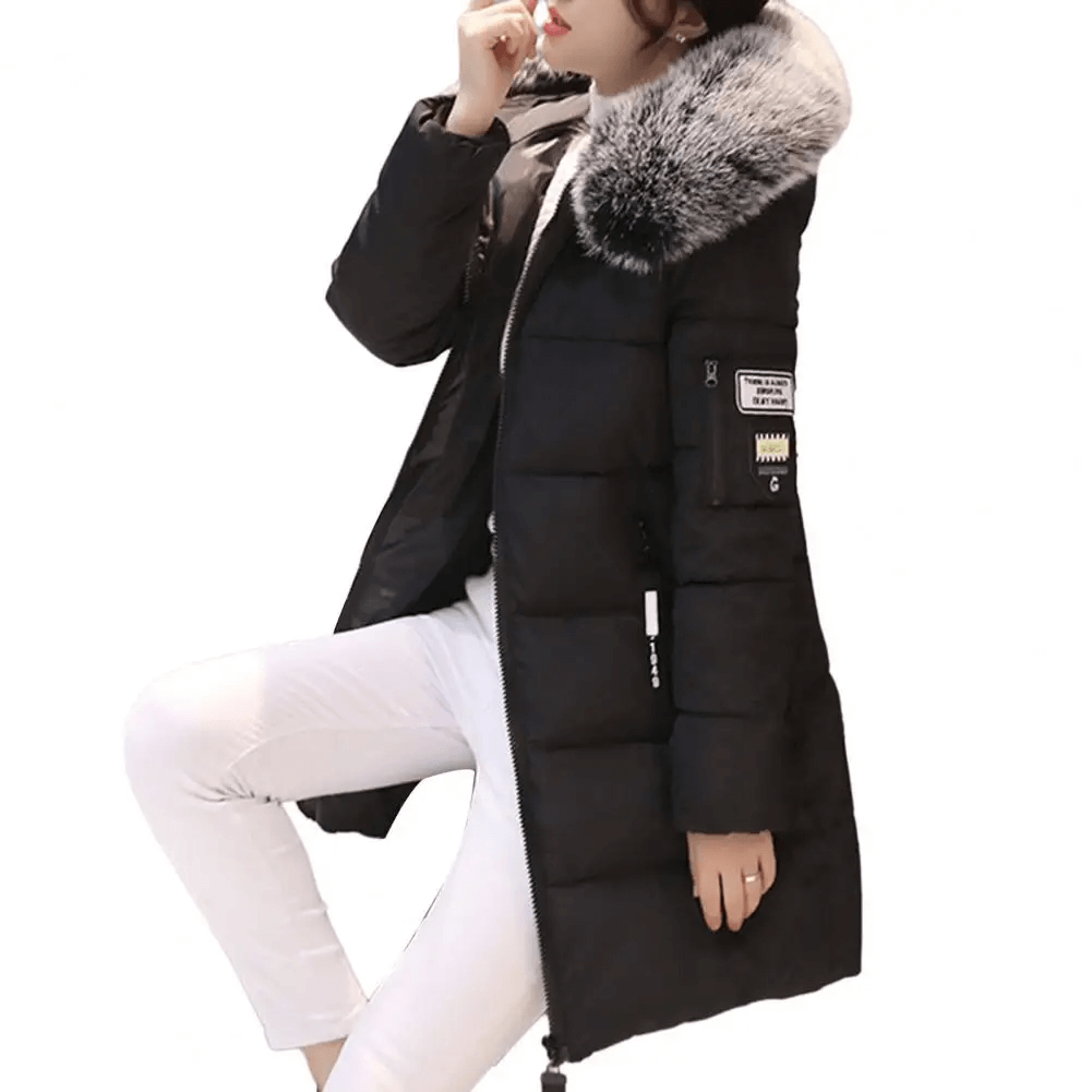 Street-Wave Windproof Puffer Coat For Women Warm Cotton Winter Jacket With Fur Trim