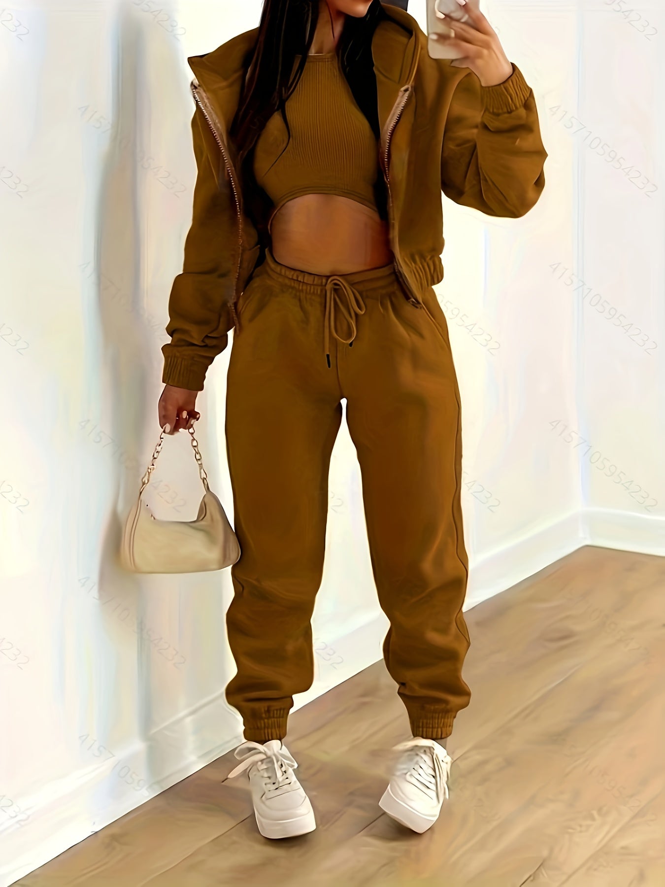 Street-Wave Three Piece Hoodie Tank Top Jogger Set For Women Comfort Casual Everyday Wear