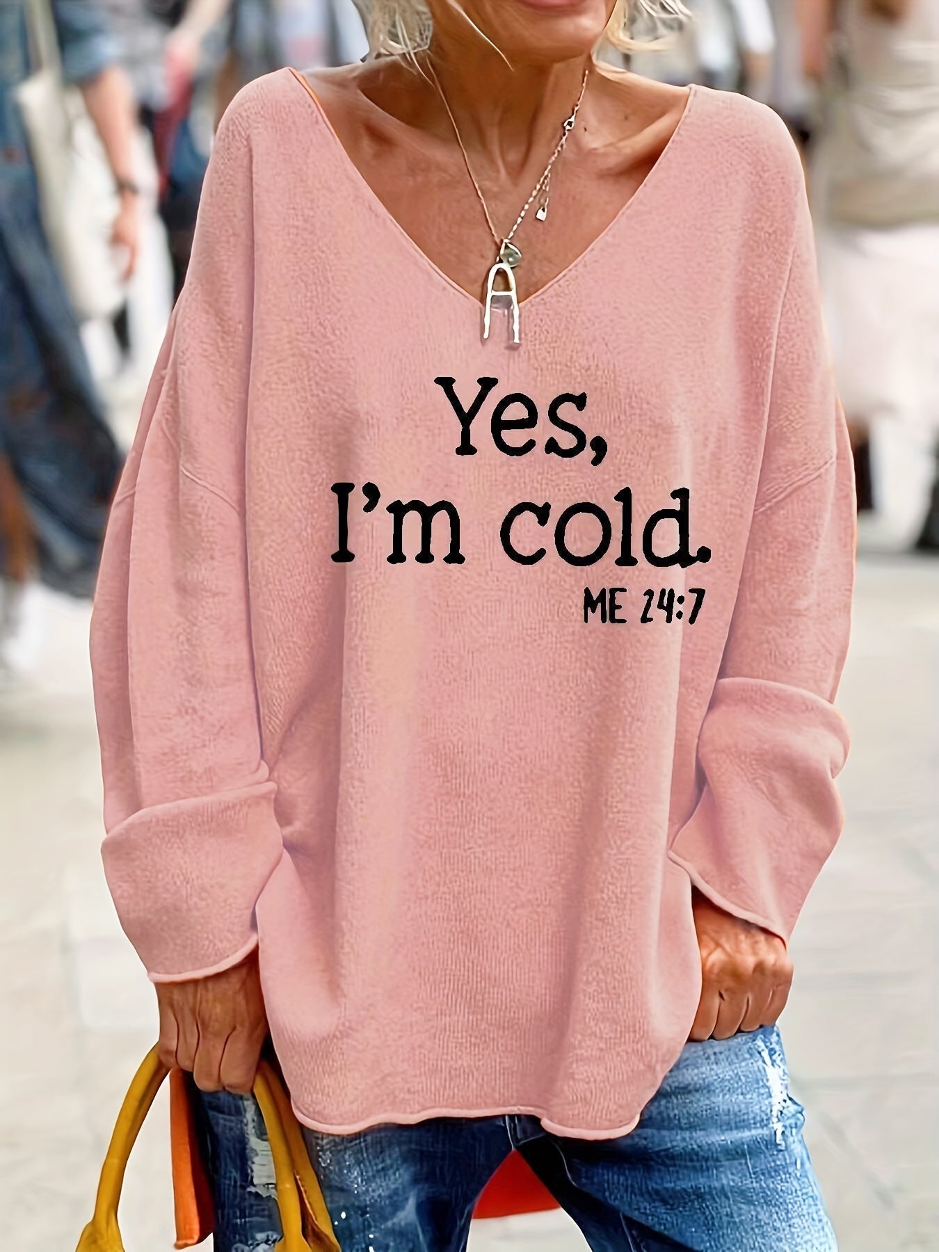 Street-wave Plus Size V Neck Sweater With Print For Curvy Women Everyday Comfort