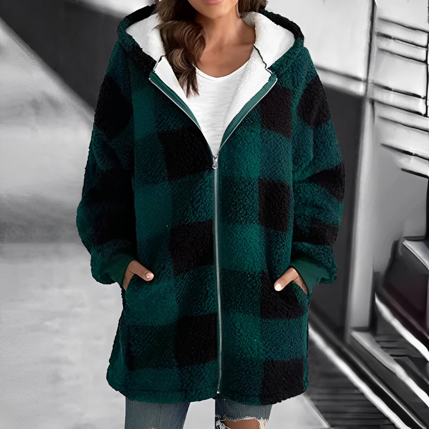 Street-wave Womens Cozy Plaid Fleece Zip Up Jacket For Warmth Breathable Comfort