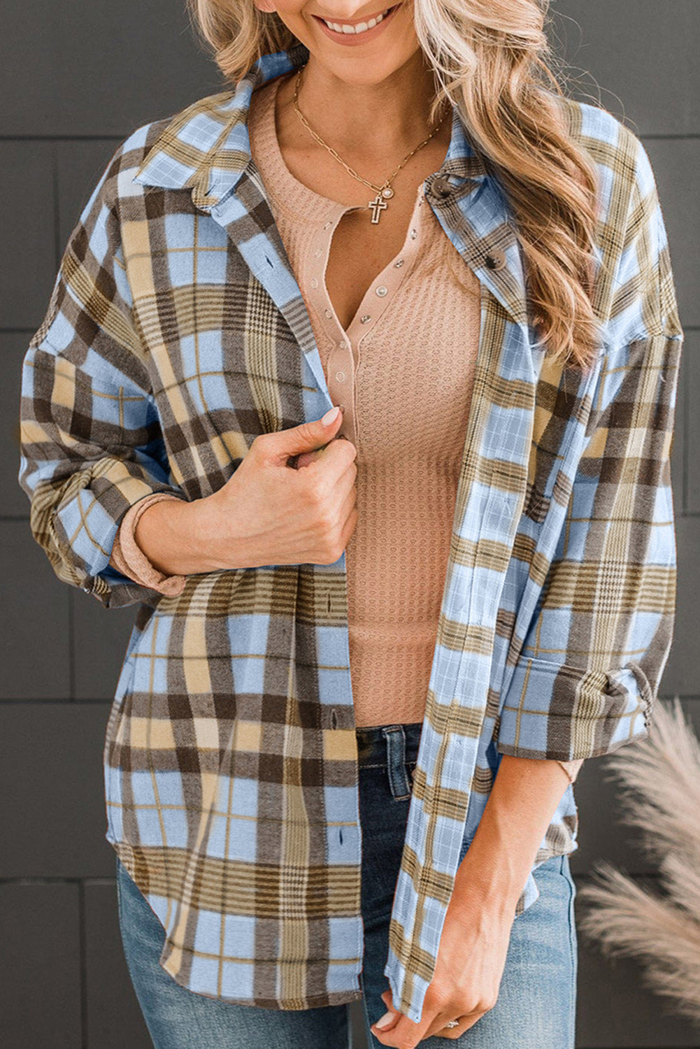 Street Wave Plaid Button Down Shirt With Collar For Women Long Sleeve Pockets Polyester Cotton Blend