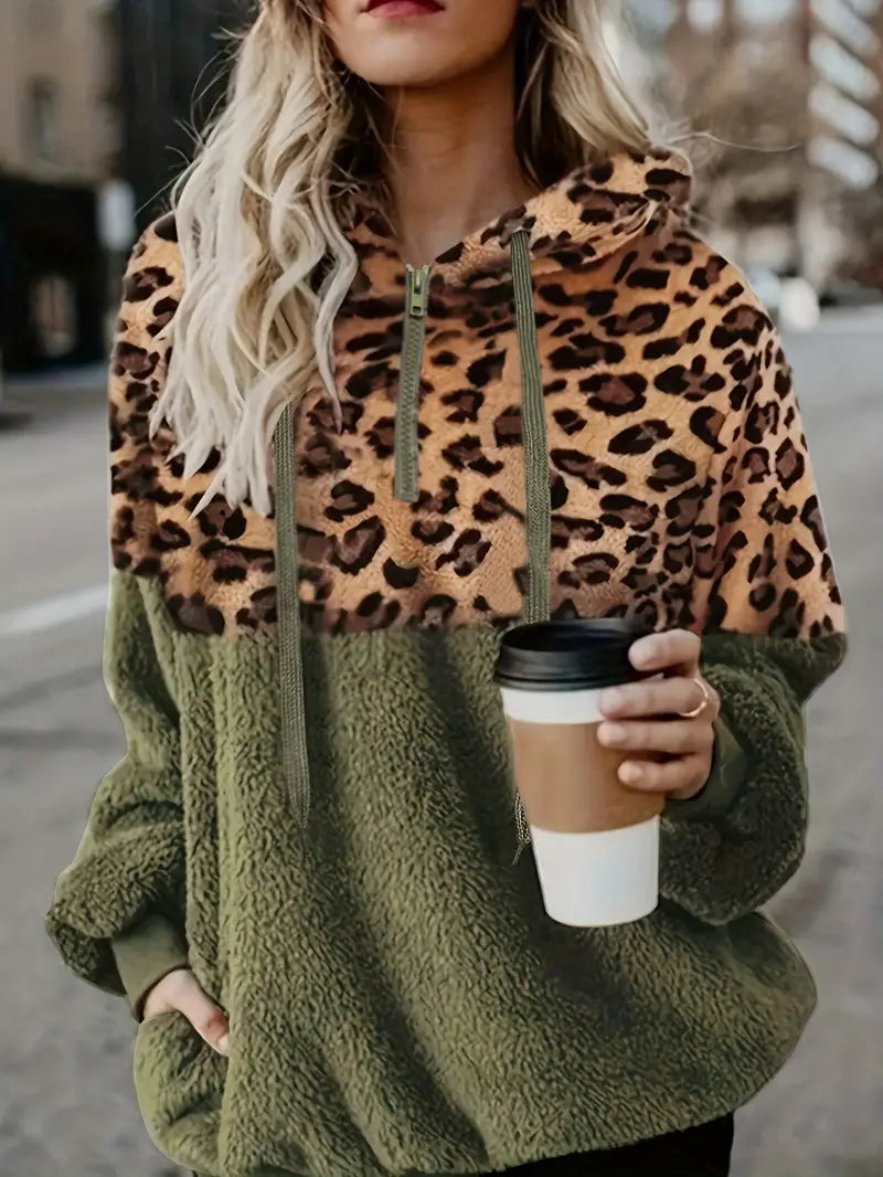 Street-Wave Leopard Print Hoodie For Women Colorblock Fleece Cozy Comfort All Seasons