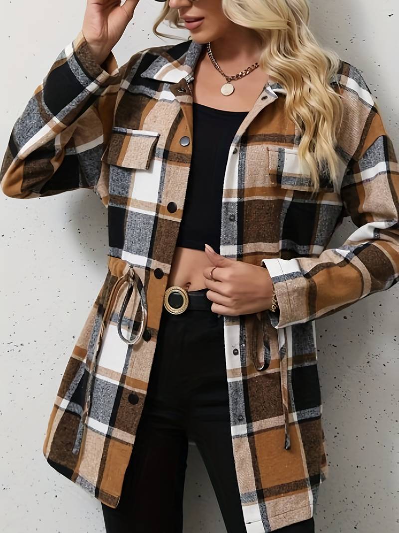 Streetwave Chic Plaid Long Sleeve Belted Coat For Women Timeless Outerwear With Modern Urban Flair