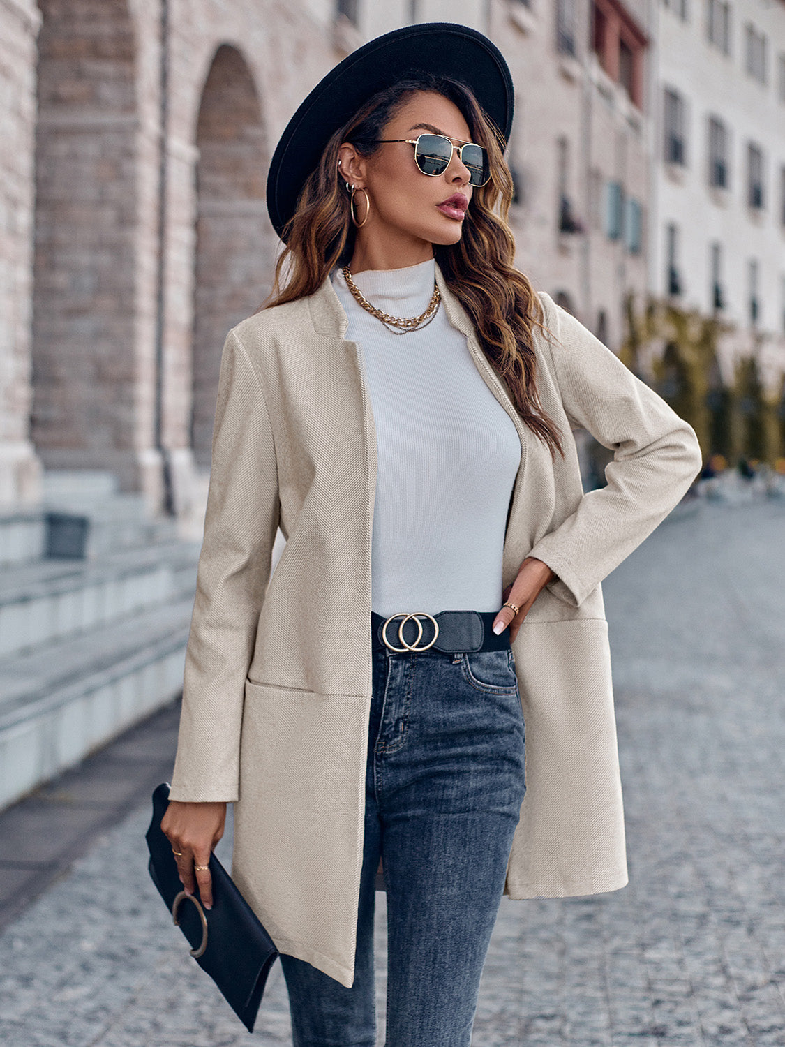 Street-Wave Open Front Long Sleeve Blazer For Women Chic Urban Wardrobe Essential
